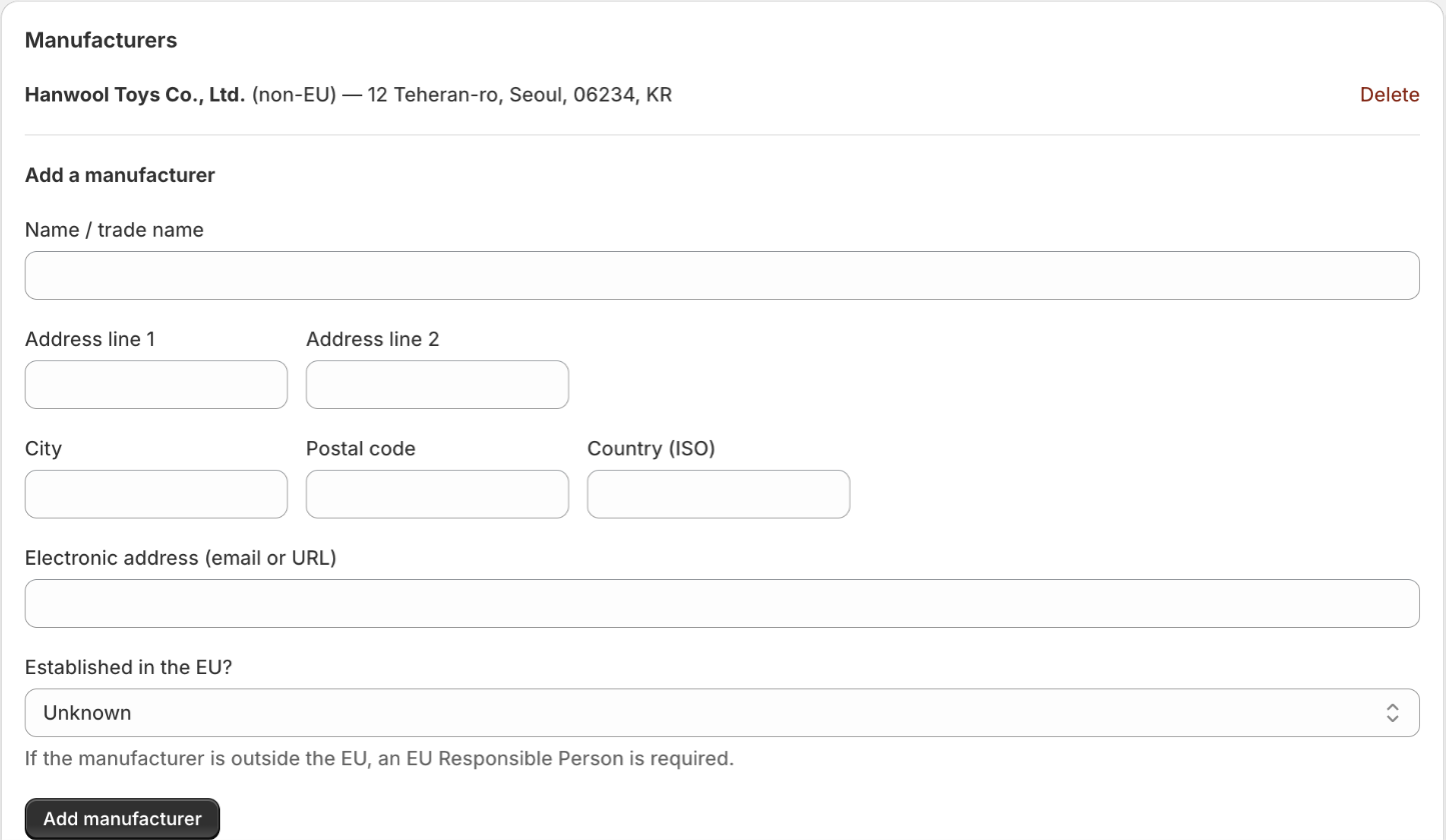 The Manufacturers page: a saved non-EU manufacturer listed on top, and the Add a manufacturer form with name, address, country and electronic-address fields below