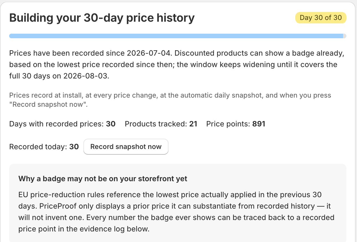 The Building your 30-day price history dashboard card: a Day 30 of 30 badge, a progress bar, the recording explanation, and the Days with recorded prices / Products tracked / Price points counters with a Record snapshot now button